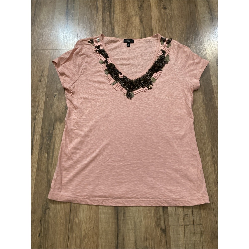 Talbots Womens Petite Tee Size M Pink Embellished Beaded V Neck 100% Cotton Boho